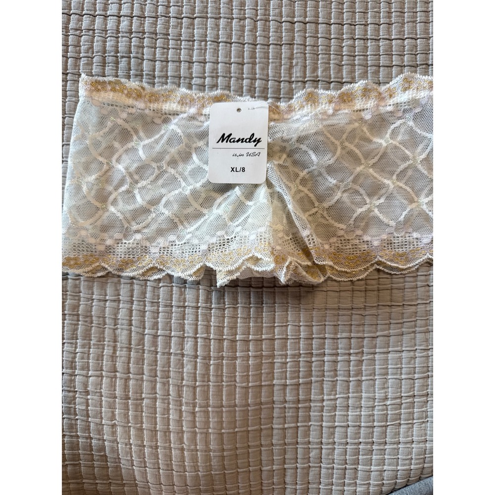 Mandy is in USA White Sheer Lace Boy Short Panties Gold Metallic Trim XL/8 NEW